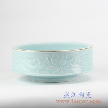 RZJR08_青釉描金雕刻荷花花盆水浅鱼缸烟灰缸陶瓷花插花器