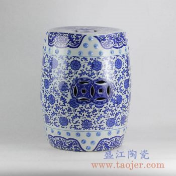RYIR120-A_青花缠枝莲带铜钱孔凉凳陶瓷墩换鞋凳家居用品庭院户外陶瓷凳