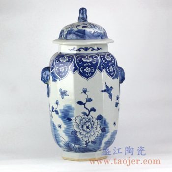 RYLU130_仿古青花花鸟多边形双狮头陶瓷罐储物罐艺术家居摆件