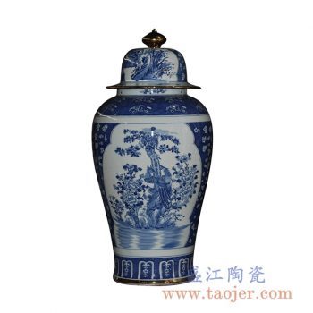 RYLU43-B_手绘青花开窗花鸟将军罐花瓶花插陶瓷罐家居摆件