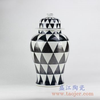 RYNQ205_黑白菱形花色将军罐陶瓷罐储物罐摆件品小号