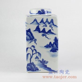 RYNQ214_青花手绘山水四边形方茶叶罐储物密封罐摆件