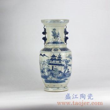 RYVM27-old_仿古手绘青花山水双耳花瓶花插陶瓷罐艺术摆件