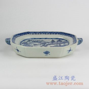RYVM30_仿古手绘青花双耳陶瓷盘鱼缸茶洗水洗摆件