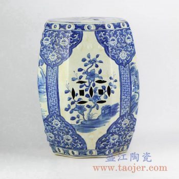 RZKM02-A_por149青花山水花朵雕刻带铜钱孔凉凳陶瓷墩家居用品