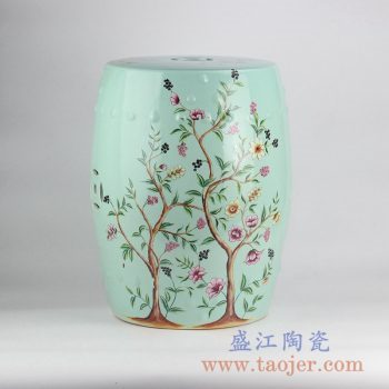 RZKL03-A_浅绿花鸟树木凉凳带铜钱孔陶瓷墩家居用品