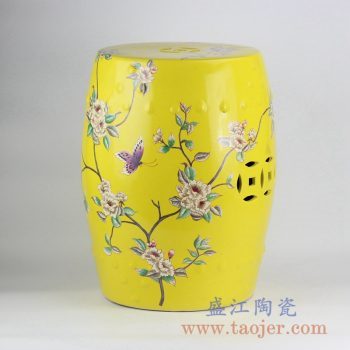 RZKL03-B_颜色釉黄色花鸟树木凉凳带铜钱孔陶瓷墩家居用品