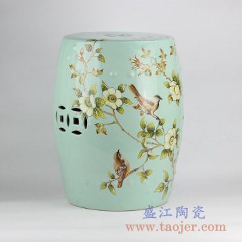 RZKL03-C_浅绿花鸟凉凳颜色釉带铜钱孔陶瓷墩家居用品