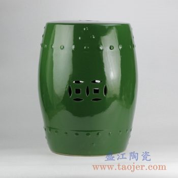 RZKL03-F_深绿颜色釉雕刻陶瓷凳带铜钱孔瓷墩搁物凳家居用品