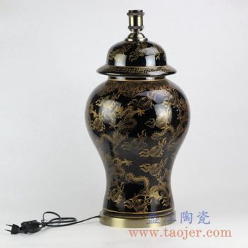DS99-RYRJ14_景德镇颜色釉黑釉描金龙纹陶瓷台灯 现代古典风格家居装饰摆件