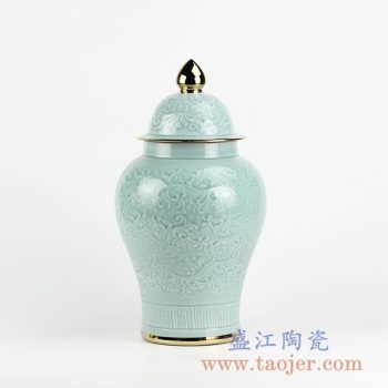 RYMA97-B_青釉浮雕刻花缠枝纹镀金陶瓷将军罐装饰摆件 陶瓷储物罐 简约风格古典现代家居装饰品