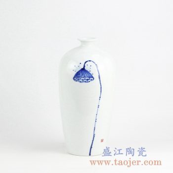 RYNQ224_青花手绘莲子莲蓬花瓶装饰摆件 现代简约风格陶瓷花瓶家居装饰品