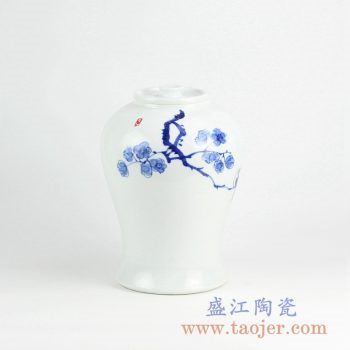 RYNQ228_景德镇手绘青花梅花图案陶瓷盖罐装饰摆件 现代绘画简约古典风格家居装饰陶瓷储物罐