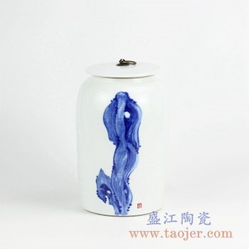 RYNQ230_景德镇现代手绘青花陶瓷盖罐 茶叶罐 储物罐 现代艺术绘画装饰风格 家居装饰摆件
