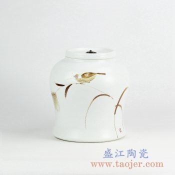RYNQ233_景德镇手绘花鸟植物陶瓷茶叶罐摆件 现代绘画装饰摆件 储物罐