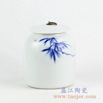 RYNQ234_手绘青花竹叶图案陶瓷盖罐 现代家居装饰陶瓷摆件 储物罐