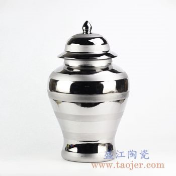 RYNQ238_镀银条纹陶瓷将军罐陶瓷摆件 现代风格家居装饰品
