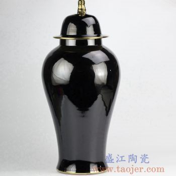 RYNQ239-B_景德镇黑色颜色釉将军罐 镀金狮子头陶瓷盖罐摆件 现代家居装饰落地装饰品