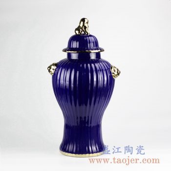 RYNQ241-B_祭蓝镀金狮子头盖罐将军罐 现代风格客厅大厅展厅落地装饰摆件