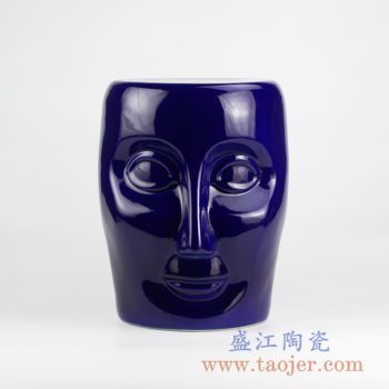 RYNQ55-C_景德镇颜色釉蓝色深蓝人脸雕刻陶瓷凳子 凉凳 现代家居装饰品 户外庭院凳子