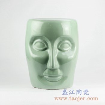 RYNQ55-F_景德镇青釉人脸雕刻陶瓷凳子 凉凳 现代家居装饰品 户外庭院凳子