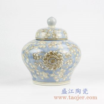 RYPU42_0821RYPU_景德镇蓝底透白手绘花卉缠枝纹陶瓷盖罐 茶叶罐 现代家居客厅装饰摆件