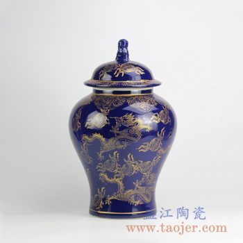 RYRJ15-B-RYNQ_景德镇蓝釉描金龙纹将军罐 陶瓷家居装饰摆件