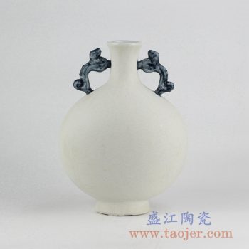 RYUJ19-C_景德镇素胎哑光双耳扁瓶 陶瓷花瓶摆件 自然古朴风格花瓶摆件 现代插花茶室装饰品