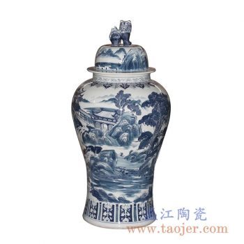 RYWY06-C_景德镇青花山水图案 手绘陶瓷将军罐 狮子雕塑带盖陶瓷罐摆件 古典风格
