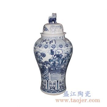 RYWY06-D_手绘青花狮子头盖罐 传统人物图案将军罐 陶瓷罐 传统风格家居摆件