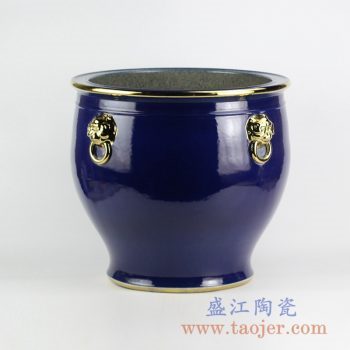 RZFH10-C_景德镇蓝釉描金双耳陶瓷大水缸 大花盆 大件庭院户外装饰陶瓷摆件