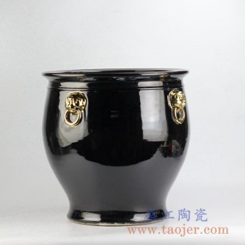 RZFH10-D_颜色釉双耳镀金陶瓷水缸 鱼缸 户外庭院大花盆 大件黑色陶瓷装饰