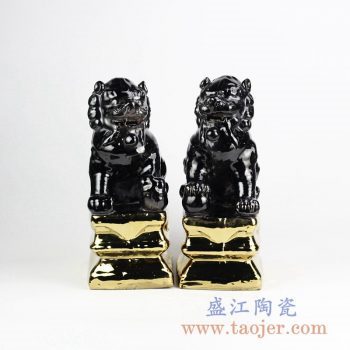 RZGA01-G_陶瓷狮子摆件 黑色单色釉镀金底座对狮装饰摆件 古典风格