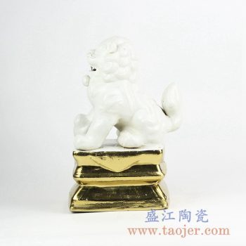 RZGA01-H_白釉陶瓷狮子雕塑装饰摆件 镀金陶瓷装饰品 书房客厅展厅摆件