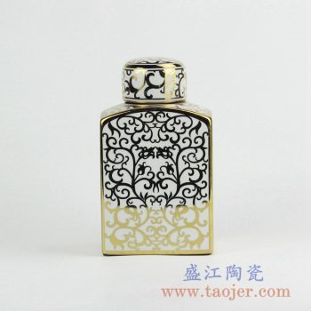 RZKA15A289_陶瓷扁瓶方形摆件 描金缠枝花纹茶叶罐 储物罐 古典风格装饰