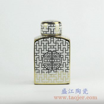 RZKA15A290_方形陶瓷罐摆件 几何窗格纹描金茶叶罐 储物罐 古典家居装饰
