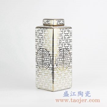 RZKA15B281_景德镇 现代风格金边 金色线条方形直筒茶叶罐 盖罐 糖果罐 家居装饰摆件