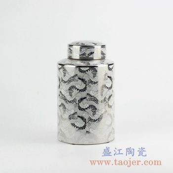 RZKA161261_镀银陶瓷茶叶罐 现代装饰摆件 直筒形陶瓷装饰品 带盖储物罐