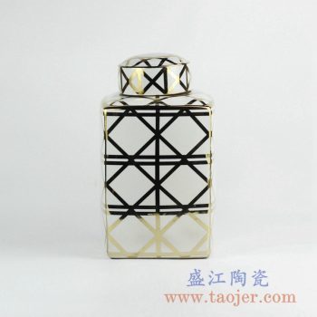 RZKA161306_金色网纹线条菱形 陶瓷罐 茶叶罐 糖果罐 客厅家居装饰摆件