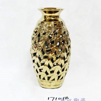 RZKA171018_景德镇镀金镂空竹叶纹陶瓷花瓶 装饰摆件 客厅餐厅玄关装饰