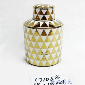 RZKA171068_描金几何图案圆形陶瓷茶叶罐 客厅装饰摆件 储物罐 现代简约风格