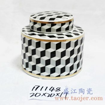 RZKA171148_圆形陶瓷茶叶罐摆件 几何图形描金储物罐 美式乡村风格摆件