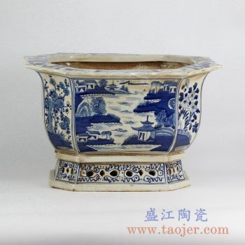 RZKS03-A   仿古手绘青花山水多边形花盆花插陶瓷创意品景德镇