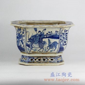 RZKS03-B   景德镇仿古青花人物镂空花盆花插鱼缸陶瓷摆件品