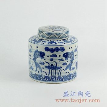RZKY08  手绘青花荷塘年年有余茶叶罐陶瓷储物罐摆件景德镇
