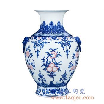 RZLG32    纯手绘青花双耳寿桃花瓶