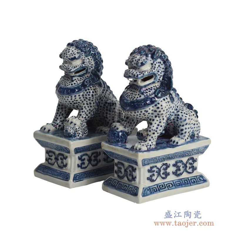 RYQA08青花双狮仿古雕塑摆件品雕刻站立定制