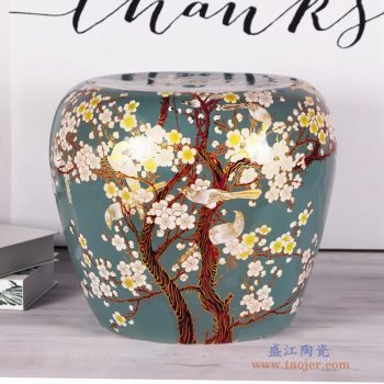 RZKL08-B  灰绿色梅花花鸟苹果凳美式田园陶瓷凳子