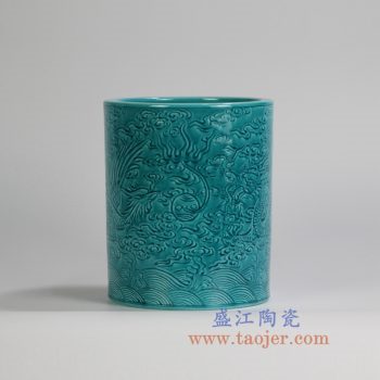 6910-RYPM46   深绿颜色釉雕刻龙纹陶瓷笔筒笔插