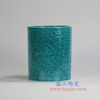 6910-RYPM46   深绿颜色釉雕刻龙纹陶瓷笔筒笔插